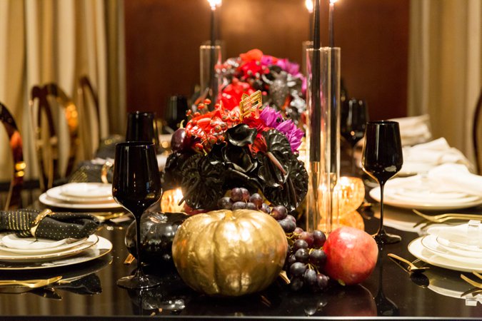 BCME - Table Setup - Gold Pumpkin, Black Glasses, Flowers - Wedding Industry Networking