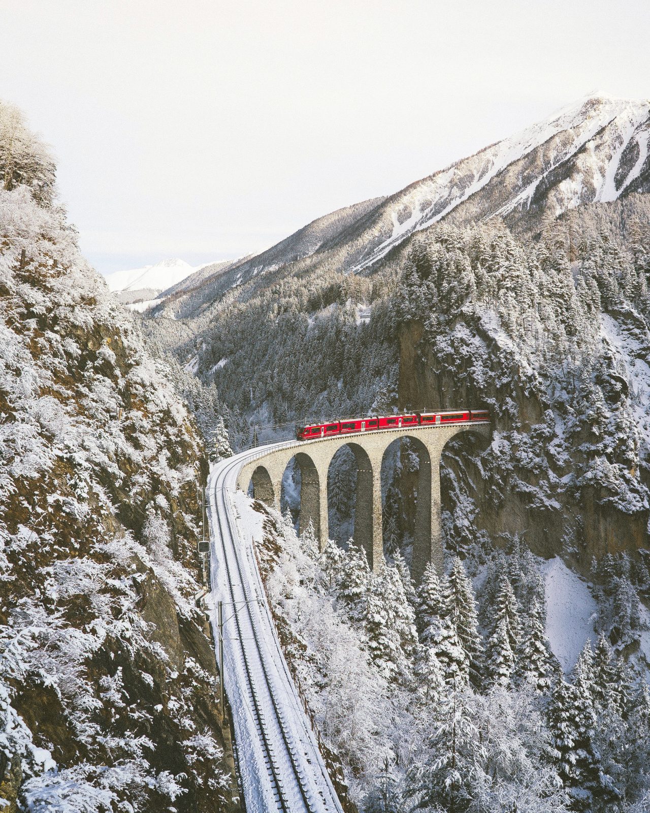 Snowy mountains in Switzerland with train