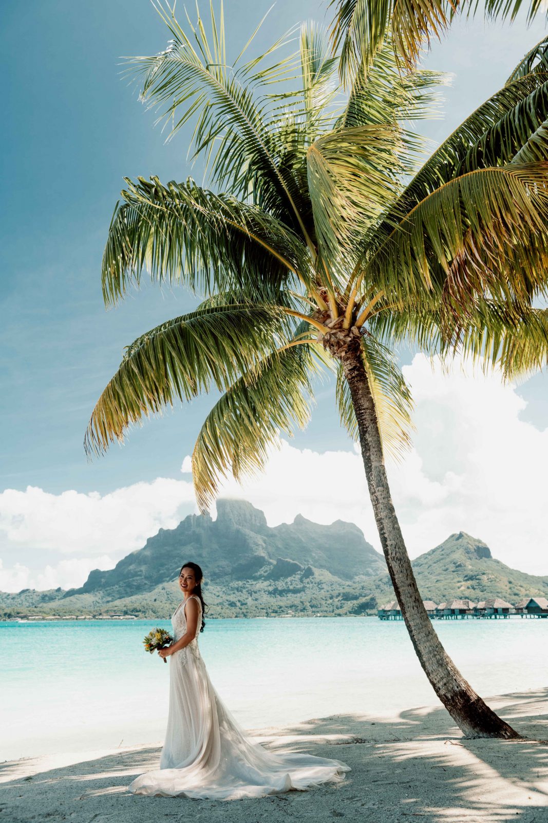 Bride posing on the beach in Bora Bora