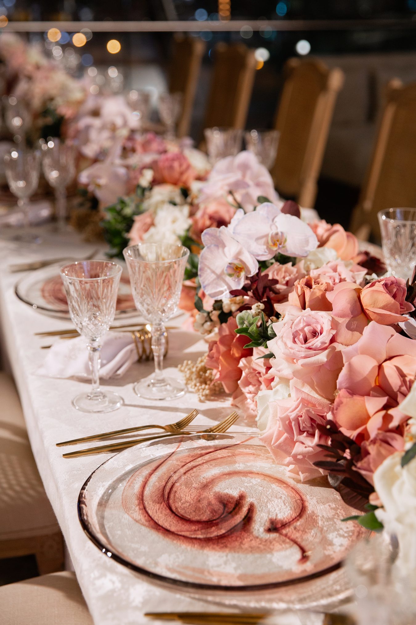 Pink rose table set up at Dubai Opera wedding 