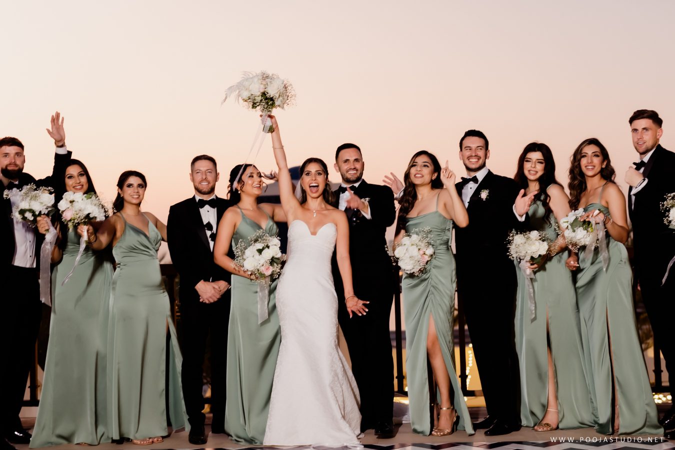 A wedding party with the couple, bridesmaids and groomsmen